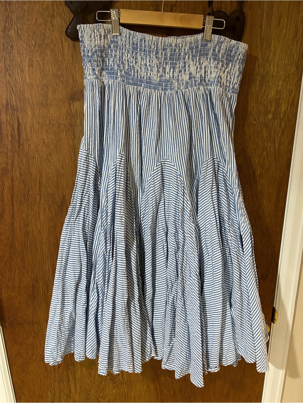 Blue and White Striped Smocked Midi Broom Skirt